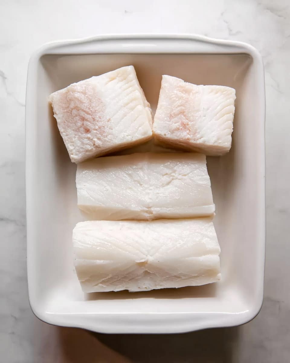 The image shows a white rectangular dish with four pieces of white fish arranged inside. Two pieces are positioned at the top, square-cut with a slight visible pinkish portion near the edges, and two larger pieces are placed below, flat and rectangular with a smooth white texture. The dish rests on a white marbled surface with soft lighting highlighting the texture of the fish and dish. Photo taken with an iphone --ar 4:5 --v 7