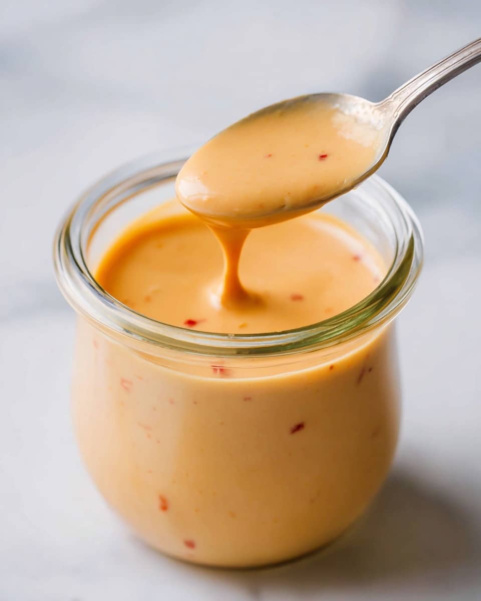 The image shows a clear glass jar filled with smooth, creamy, light orange sauce with tiny red specks. A silver spoon is lifting some of the sauce from the jar, showing the thick, silky texture. The jar is placed on a white marbled surface with soft lighting that highlights the sauce's glossy finish. photo taken with an iphone --ar 4:5 --v 7