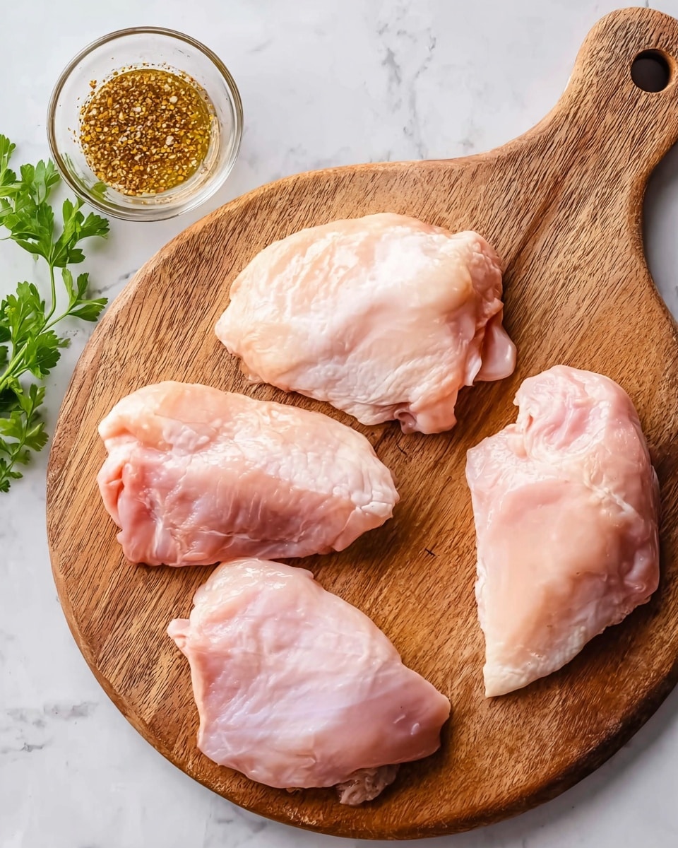Four raw, pale pink chicken pieces are spread out on a round wooden cutting board with a handle on the right side. The chicken pieces have a smooth, moist texture and are arranged with two pieces on the left side, one in the middle, and one on the right side. The board is placed on a white marbled surface and in the top part of the image, a small glass bowl with a coarse, brown spice mix in liquid is visible. Green parsley leaves are lying next to the bowl on the left side. Photo taken with an iphone --ar 4:5 --v 7