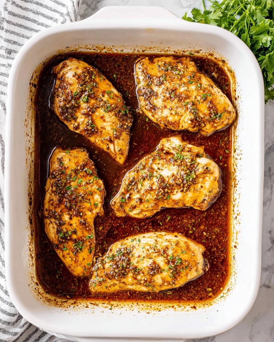 A white square baking dish holds five golden brown cooked chicken pieces soaked in a dark brown sauce with herbs and spices visible on top and around the edges. The chicken pieces are spread evenly in the dish, with slight crisp edges. The baking dish is set on a white marbled surface with a striped cloth partially visible on the left and fresh green parsley on the top right. The sauce has soaked into the sides of the dish, showing a glossy texture. Photo taken with an iphone --ar 4:5 --v 7
