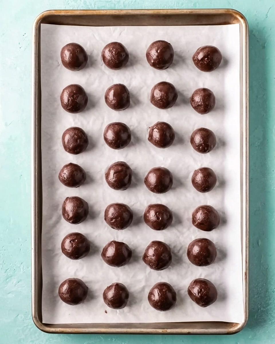 The image shows a metal baking tray with a white marbled surface underneath, lined with white parchment paper. On the paper, there are 24 round chocolate balls arranged in a neat 4 by 6 grid. Each chocolate ball has a shiny, smooth texture with slight unevenness on their surface, giving a homemade feel. The balls are evenly spaced with some shadows suggesting soft overhead light. The background above the tray is a light teal color. photo taken with an iphone --ar 4:5 --v 7
