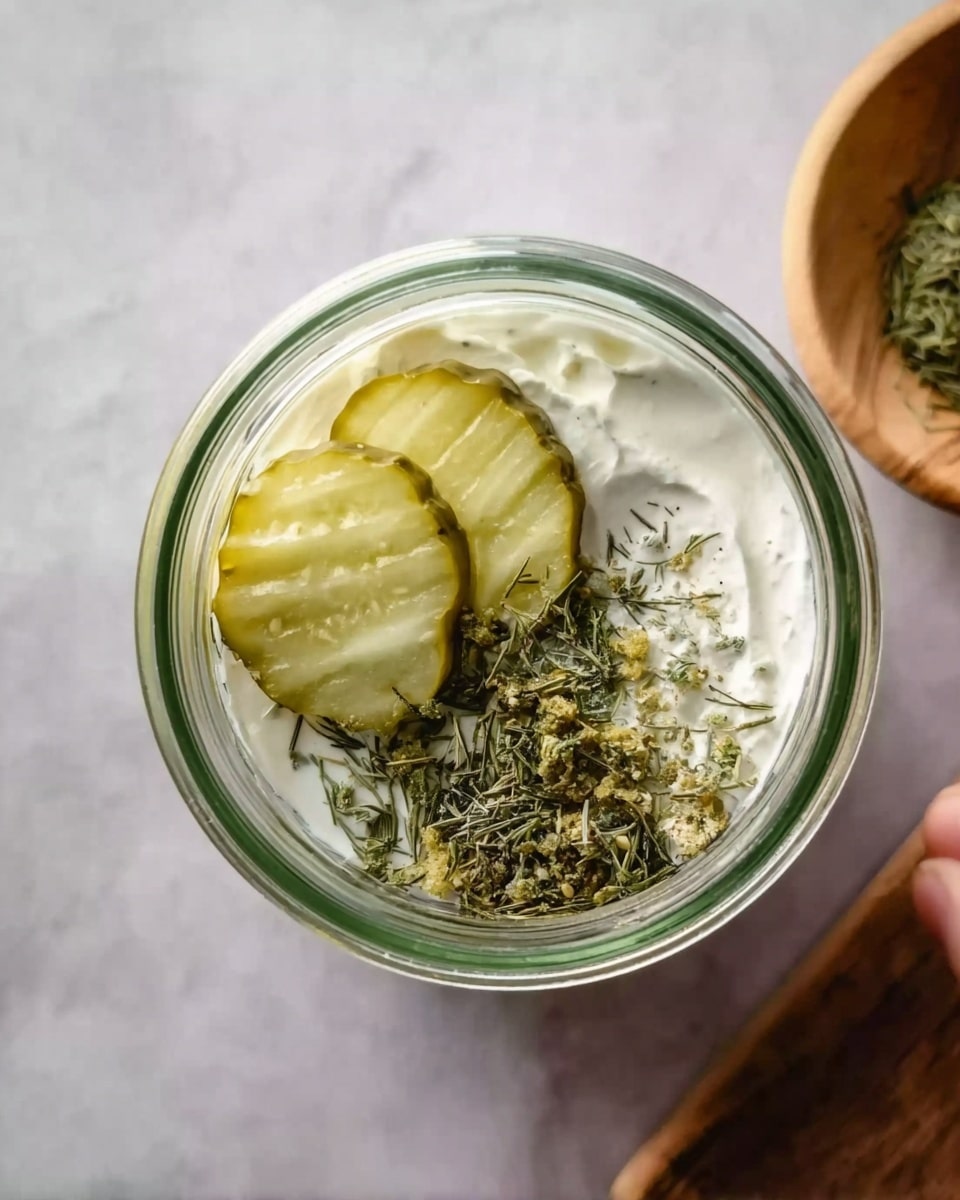 A clear glass jar is shown from above, containing three pale yellow pickles placed on one side with visible ridges, a white creamy sauce spread next to them, and green dried herbs piled on the opposite side. The jar is held by a woman's hand on a white marbled surface with a small wooden bowl filled with herbs nearby. Photo taken with an iphone --ar 4:5 --v 7