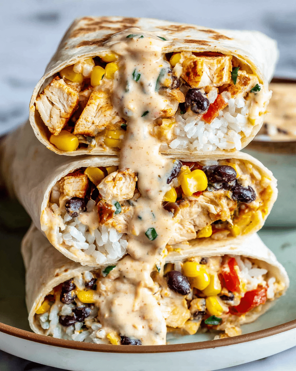 Three thick burrito halves are stacked on a white plate, showcasing layers inside each piece. The first layer is a soft white flour tortilla wrapped around fillings. Inside, there is a mix of grilled chicken pieces in light golden brown, black beans, bright yellow corn kernels, and small red bell pepper chunks. Fluffy white rice is spread evenly, and a creamy beige sauce with green herb flecks is drizzled on top and oozing slightly from the open ends. The background is a white marbled texture. Photo taken with an iphone --ar 4:5 --v 7