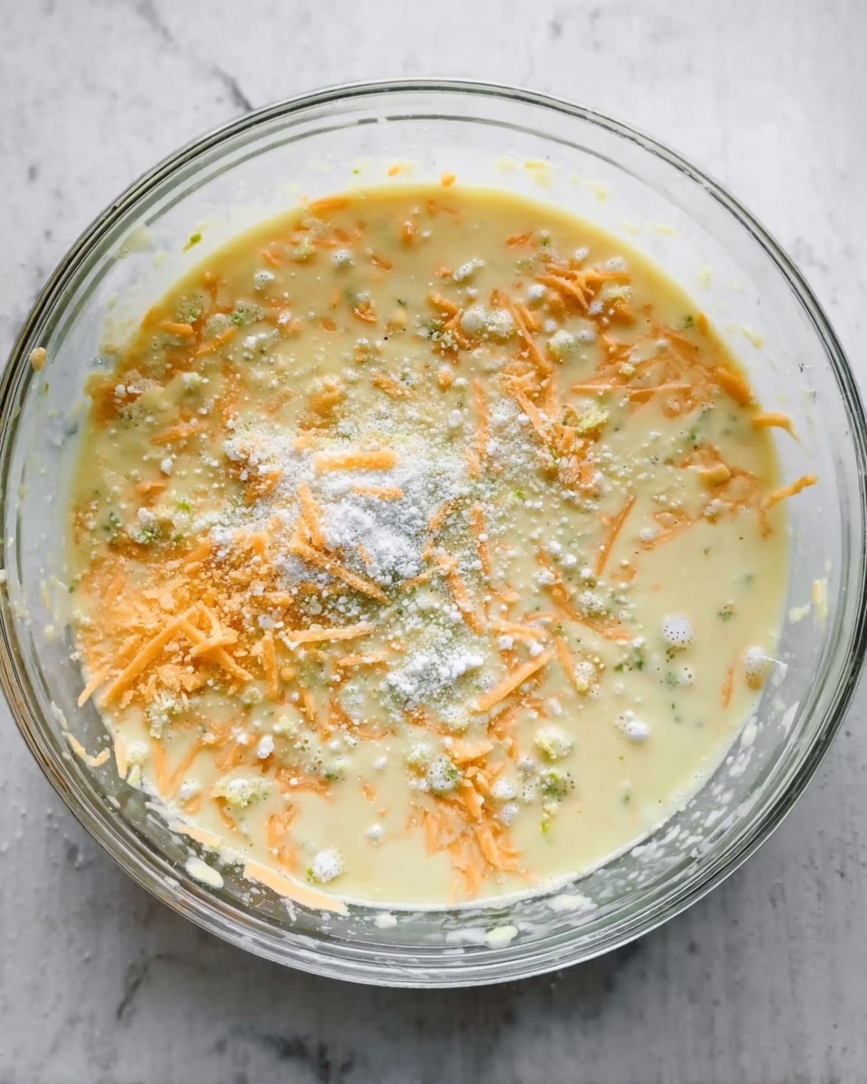 A clear glass bowl filled with a mixture of pale yellow liquid batter, dotted with orange shredded pieces and small green bits, with some white powder sprinkled unevenly on top, all sitting on a white marbled surface. Photo taken with an iphone --ar 4:5 --v 7