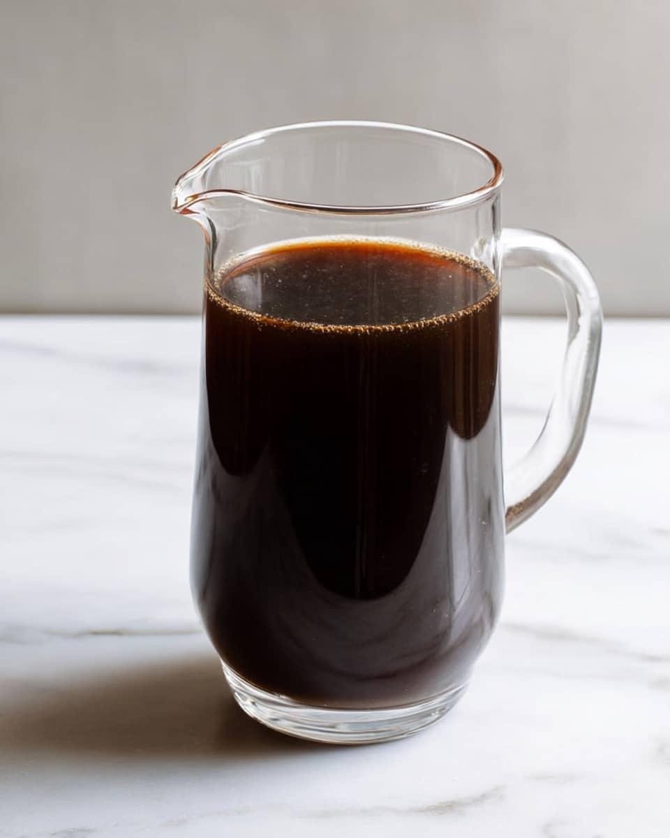 A clear glass pitcher filled with a dark brown liquid, nearly full, showing a smooth surface with no bubbles or foam, positioned on a white marbled surface with soft natural light coming from the back, highlighting the glass's simple curved spout and thick base, creating a clean and minimal look photo taken with an iphone --ar 4:5 --v 7