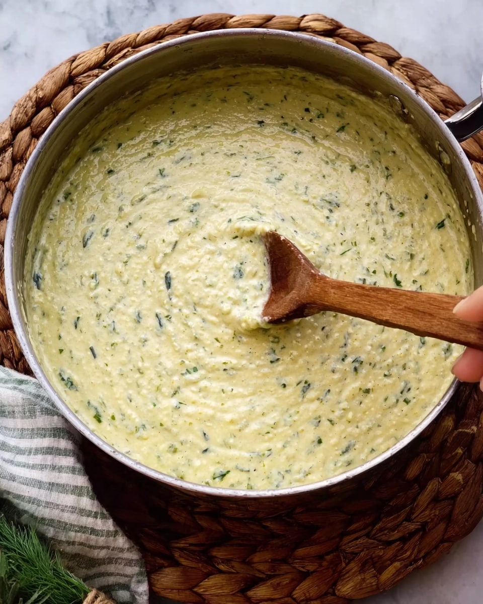 The image shows a large metal pan filled with a creamy, thick mixture that has a pale yellow color with green herb specks spread evenly throughout. The texture looks smooth but with small bits visible in the mix. A wooden spoon is inside the pan, with the edge dipped into the mixture, held by a woman's hand. The pan sits on a woven basket, and the background is a white marbled surface. photo taken with an iphone --ar 4:5 --v 7