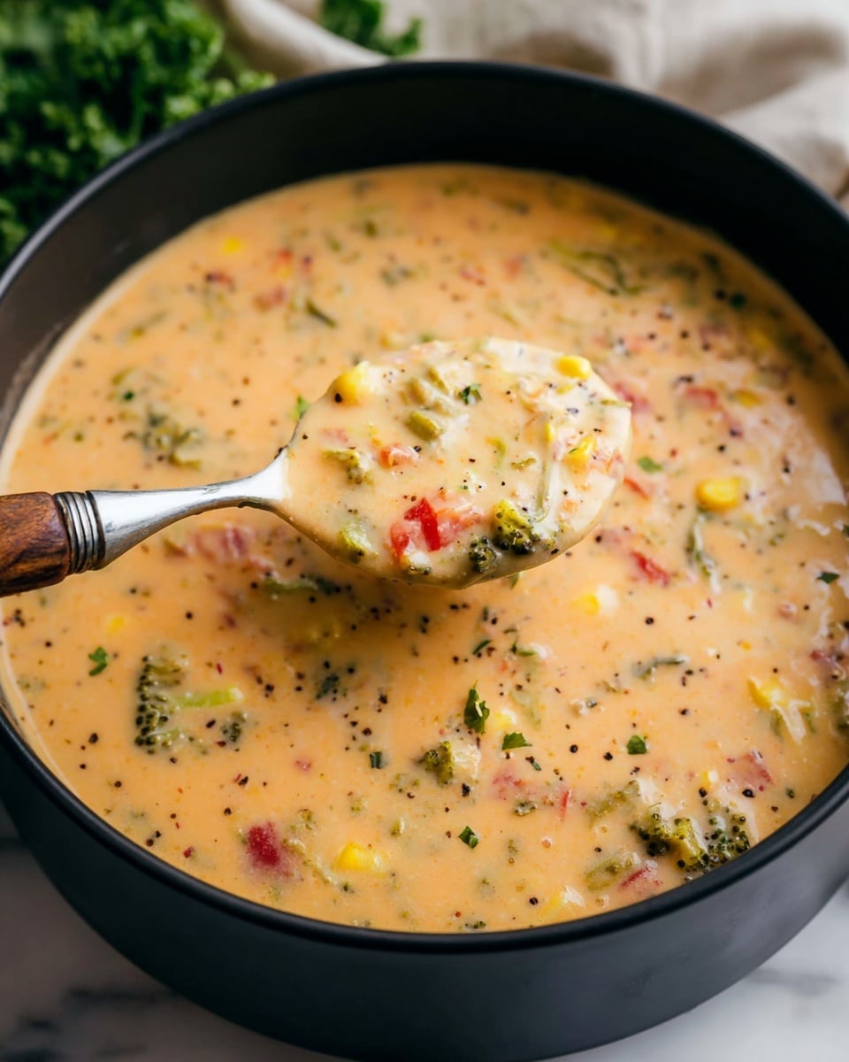 A close-up shot of a thick creamy soup in a black bowl, filled with small colorful bits of vegetables like green broccoli, yellow corn, and red peppers. The soup has a smooth orange-beige base with a slightly chunky texture from the vegetables and some black pepper specks. A silver spoon with a wooden handle is lifting a spoonful of the soup, showing the mixed creamy and vegetable layers clearly. The scene is set on a white marbled surface with some green leafy vegetables faintly visible in the background. Photo taken with an iphone --ar 4:5 --v 7