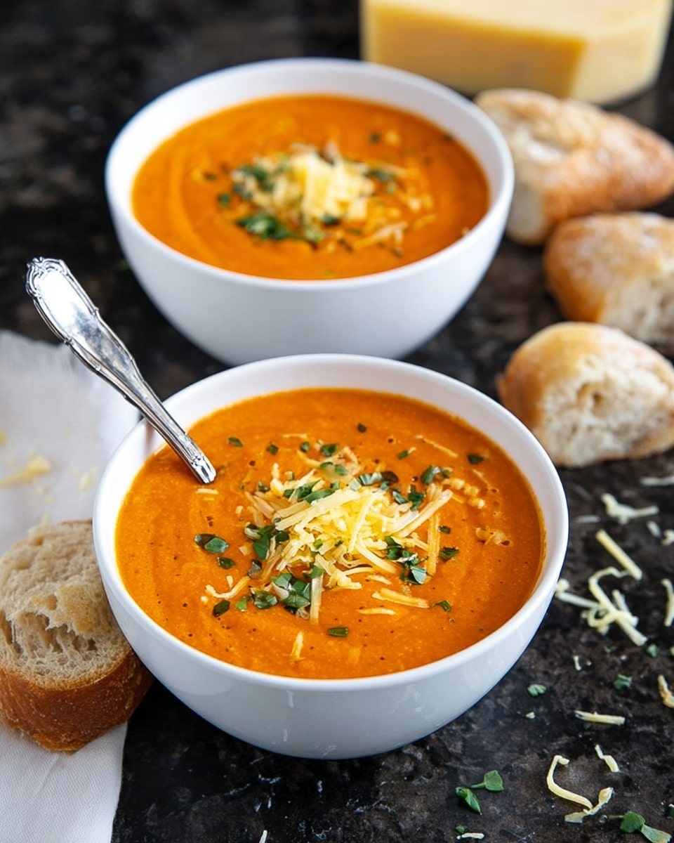 Two white bowls filled with thick, bright orange soup sit on a dark surface with a white marbled texture. Each bowl has a silver spoon inside and is topped with a small pile of shredded light yellow cheese and green chopped herbs. Scattered around the bowls are pieces of torn, light brown crusty bread, and a round piece of light yellow cheese with a slice cut from it is visible in the background. The soup looks smooth but slightly textured. photo taken with an iphone --ar 4:5 --v 7