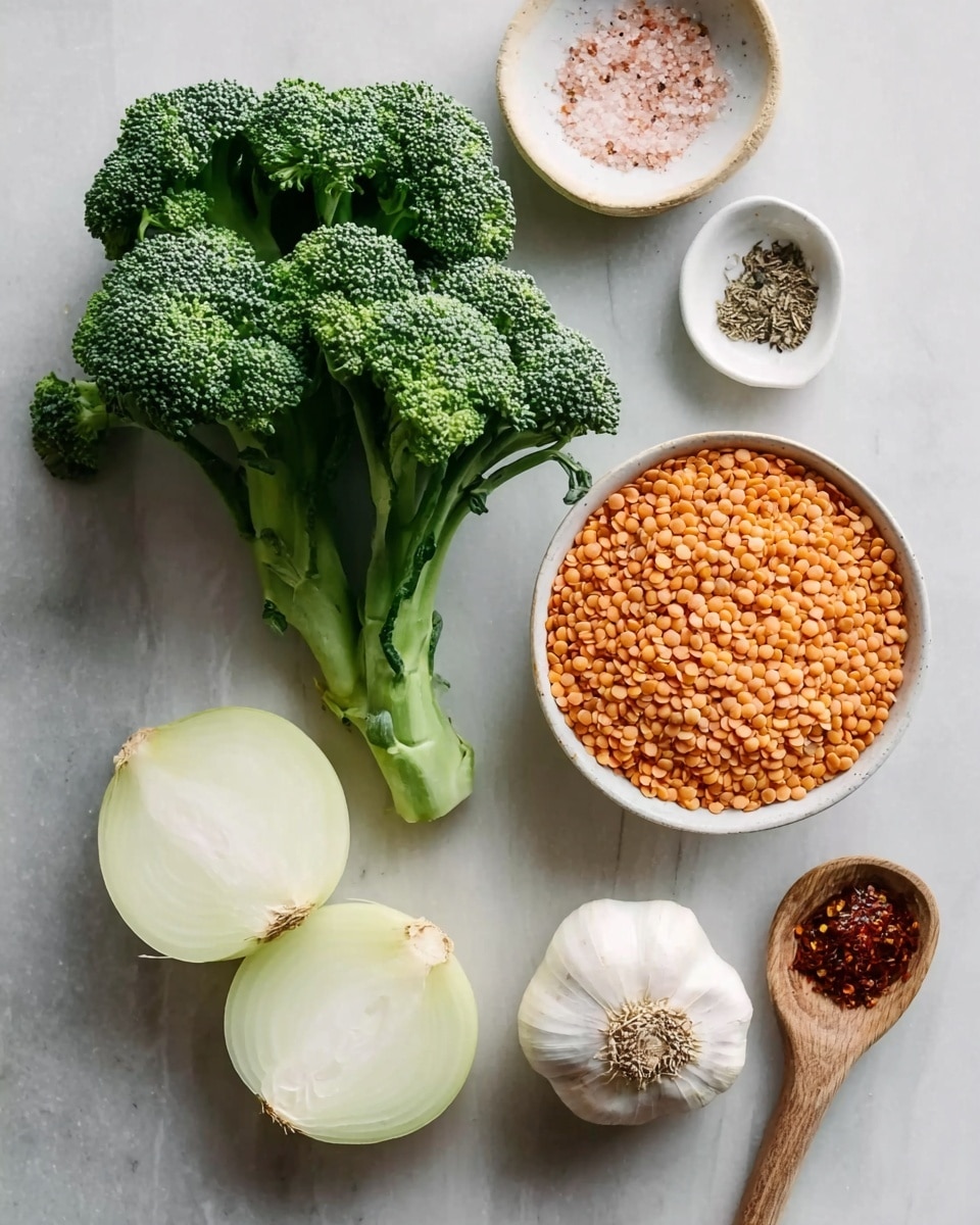 The image shows fresh broccoli with vibrant green florets and thick stems placed on a white marbled surface. To the right, there is a white bowl filled with small orange lentils. Below the broccoli and lentils, two halves of a yellow onion with their layers visible sit next to a whole garlic bulb with white papery skin. A small white dish holds a mix of pink salt and black pepper, while next to it, a tiny wooden bowl contains red chili flakes. A wooden spoon with a dark brown paste rests at the bottom of the frame. The overall setup is simple and clean with soft natural light. photo taken with an iphone --ar 4:5 --v 7