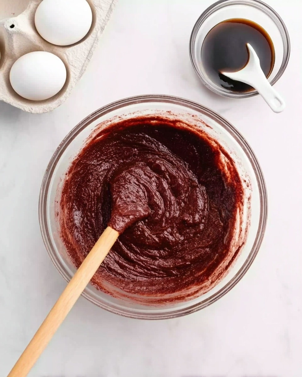 The image shows a clear glass bowl filled with dark reddish-brown thick batter, with visible swirls and texture from mixing. A wooden spoon with a light brown handle rests inside the bowl, partially covered by the batter. The bowl sits on a white marbled surface, and near the top right of the frame, there is a small glass cup filled with a dark liquid and a white spoon next to a white carton holding three white eggs. photo taken with an iphone --ar 4:5 --v 7