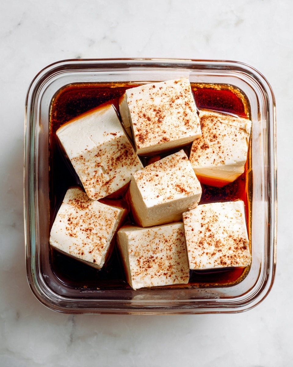 The image shows a clear square glass container filled with six large white tofu blocks. Each block is thick and has a smooth texture, sprinkled lightly with reddish-brown spices on the top. These tofu blocks are partially soaked in a dark reddish-brown liquid that fills the bottom of the container, creating a rich contrast with the pale tofu. The container is placed on a white marbled surface. photo taken with an iphone --ar 4:5 --v 7