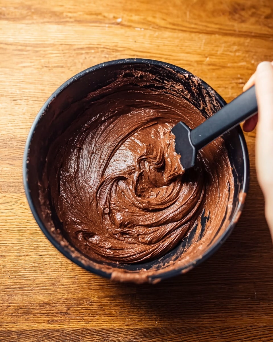 A black mixing bowl filled with smooth, thick chocolate batter that has a shiny, rich texture. The batter is swirled inside the bowl, showing light and dark brown folds. A black spatula with a soft tip is partly dipped in the batter, held by a woman's hand on a wooden surface. The bowl edges are slightly messy with some batter on them. photo taken with an iphone --ar 4:5 --v 7