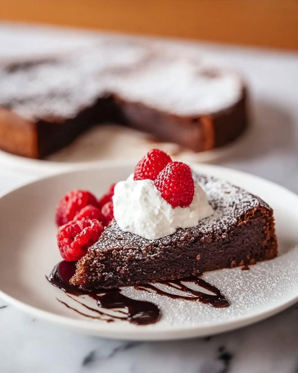 A slice of dark brown chocolate cake with a soft texture is placed on a white plate over a white marbled surface. The cake has a thin dusting of powdered sugar on top. On the slice, there is a dollop of white whipped cream with two bright red raspberries on top. Chocolate sauce drizzle is visible under the cake slice on the plate. The background shows the rest of the cake with a missing slice. photo taken with an iphone --ar 4:5 --v 7
