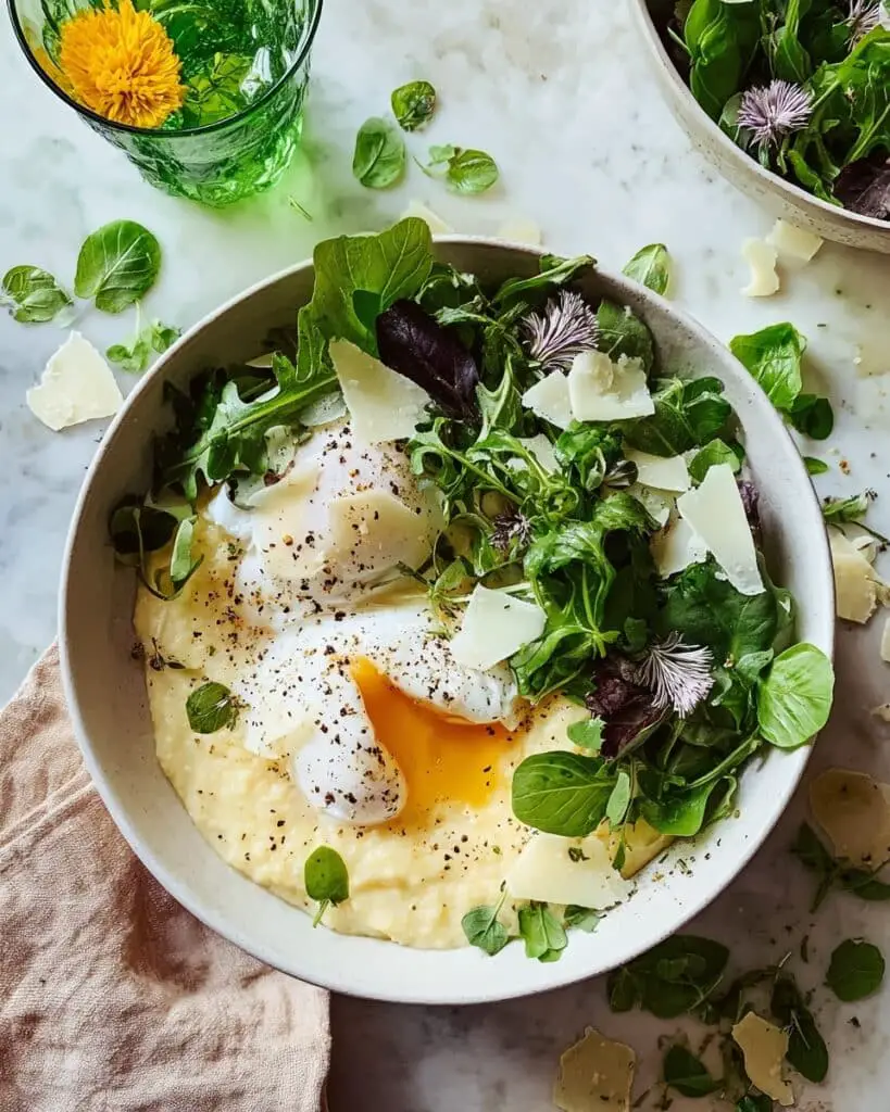 Parmesan Polenta Bowls with Seasonal Greens, Leeks, and Poached Eggs Recipe