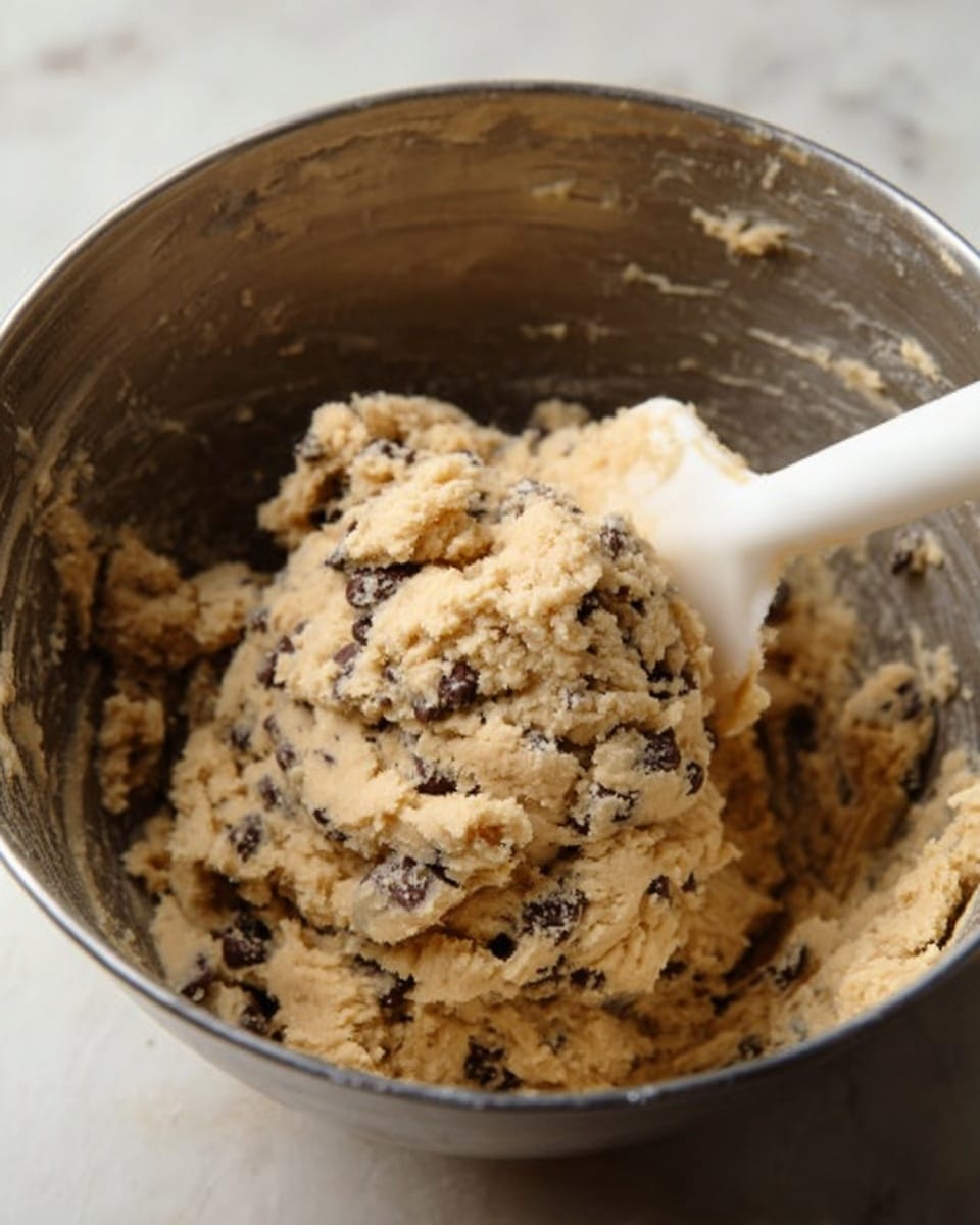 A close-up view of a metal mixing bowl filled with light tan cookie dough mixed with visible dark brown chocolate chips throughout. A white silicone spatula is partially lifted from the dough, showing its thick and chunky texture. The bowl’s interior has slight smudges of dough along the edges, and the scene is set against a white marbled surface. photo taken with an iphone --ar 4:5 --v 7