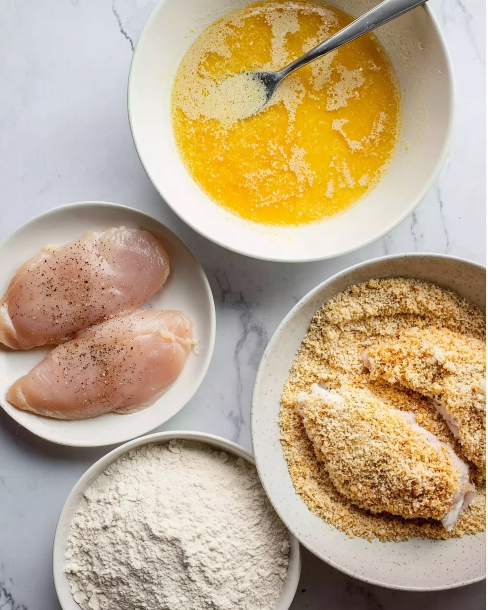 The image shows four white dishes arranged on a white marbled surface. The bottom left dish holds two raw, light pink chicken pieces seasoned with black pepper. To the right of it is a bowl filled with plain white flour. Above this bowl is a larger bowl containing light yellow beaten eggs with some visible bubbles, with a silver fork resting inside. The top right bowl holds light brown breadcrumbs, and a piece of chicken coated with the breadcrumbs is placed in the bowl. The scene includes a woman's hand just out of frame, holding or placing the chicken piece into the breadcrumbs. Photo taken with an iphone --ar 4:5 --v 7