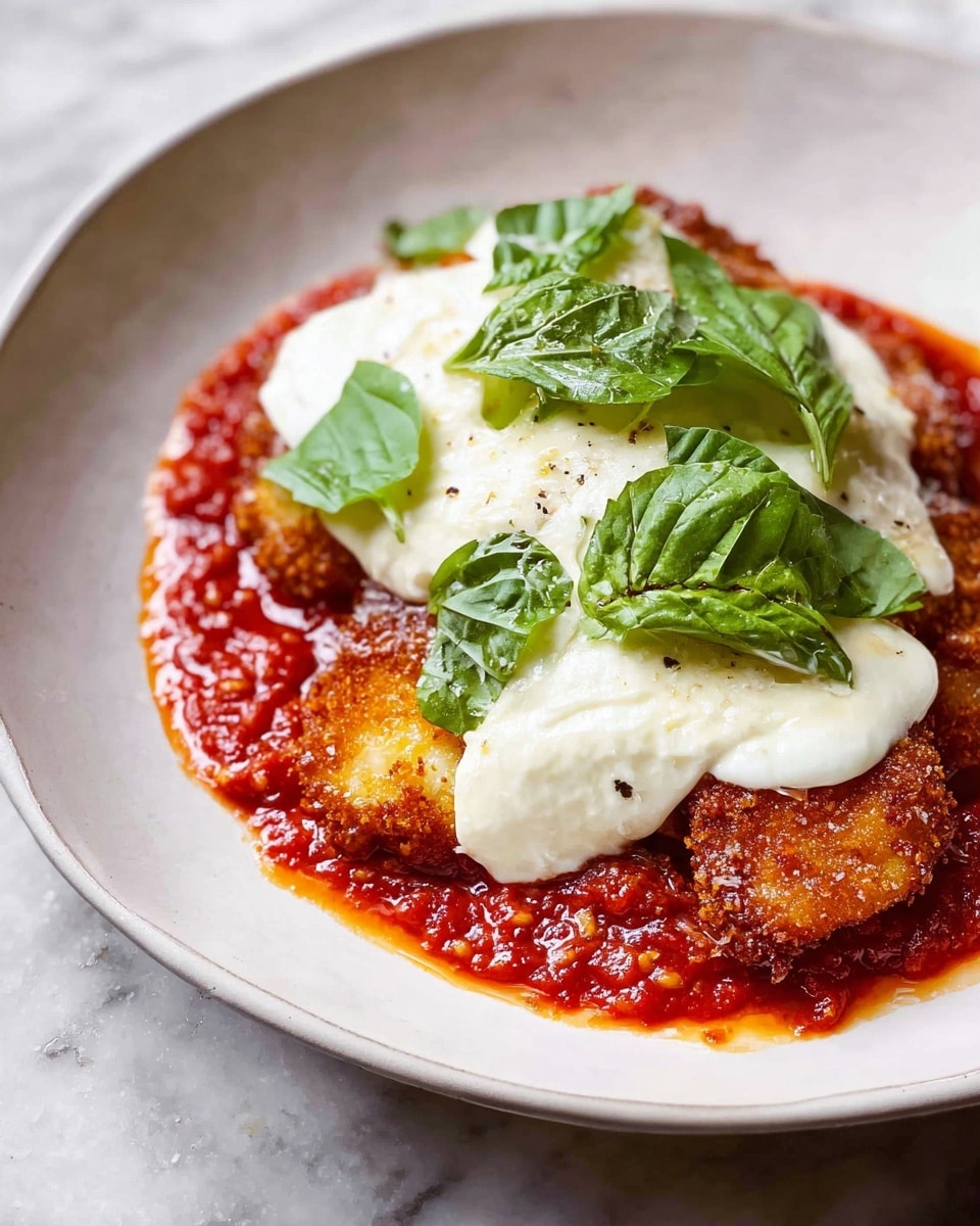 The dish shows two layers on a white plate set on a white marbled surface. The bottom layer is bright red tomato sauce with a slightly chunky texture, spread thinly but covering most of the plate. Over the sauce is a layer of breaded pieces that have a crispy, golden-brown surface. On top of this is a thick, uneven layer of melted white cheese with a smooth, creamy texture. Fresh green basil leaves with visible veins are placed on the cheese, adding a fresh contrast in color. Photo taken with an iphone --ar 4:5 --v 7