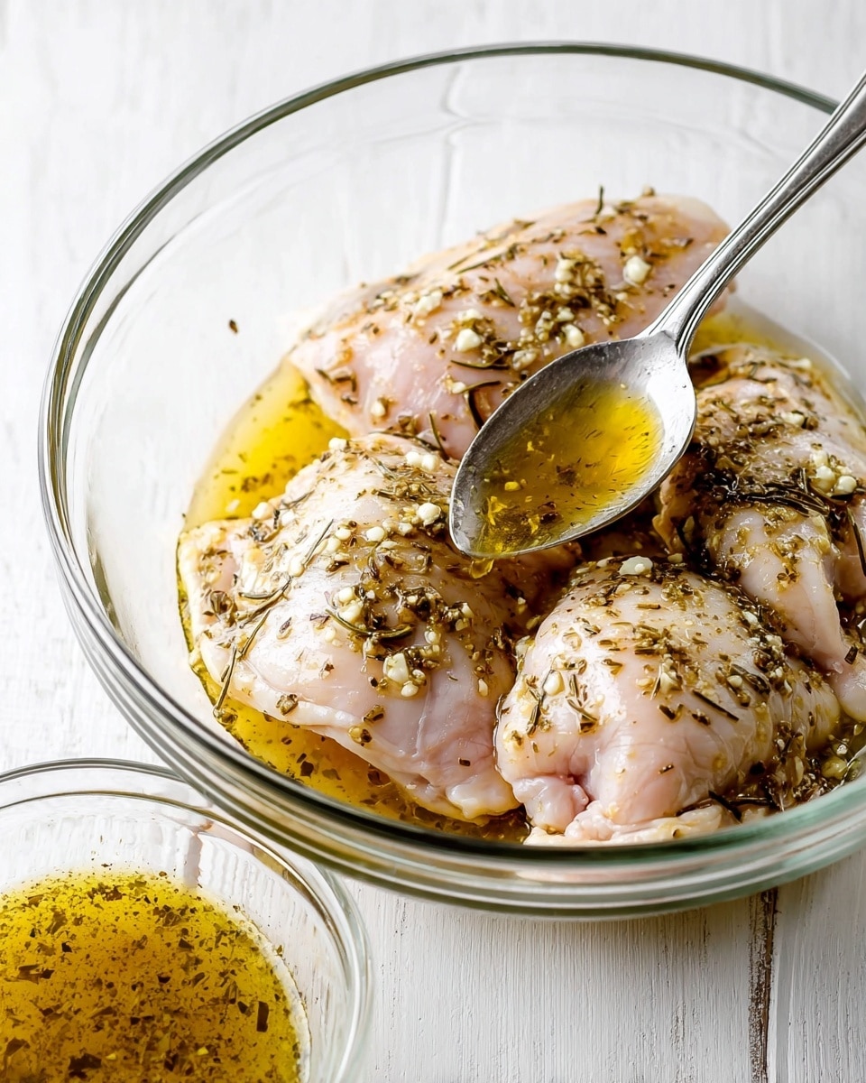 A clear glass bowl on a white marbled surface holds four pieces of pale pink raw chicken thighs. The chicken is covered with a light yellow marinade mixed with visible small bits of minced garlic and dark green dried herbs. A silver spoon is positioned on the right side, slightly touching one chicken piece, with some marinade dripping from the spoon. Below the bowl, a small portion of another clear glass bowl filled with the same yellow herb marinade can be seen. The overall scene is bright and clean, focusing on the marinated chicken in preparation. photo taken with an iphone --ar 4:5 --v 7