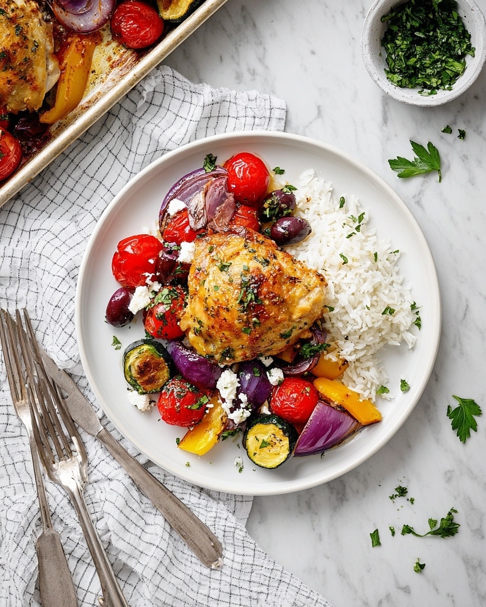 On a white round plate, there is one golden-brown cooked piece of chicken placed slightly off-center on the right. Below and around it, there are colorful roasted vegetables including red cherry tomatoes, purple-red onion slices, yellow bell pepper chunks, and green zucchini pieces mixed with dark olives. Some white crumbled cheese is sprinkled among the vegetables. On the right side of the plate, a small mound of plain white rice forms the third layer. Fresh green parsley leaves are scattered on top and around the plate. The plate sits on a white marbled surface with a fork and knife on the left next to a white and gray checkered cloth. Above the plate, part of a tray with more roasted chicken and vegetables is visible, as well as a small white bowl of chopped parsley. Photo taken with an iphone --ar 4:5 --v 7