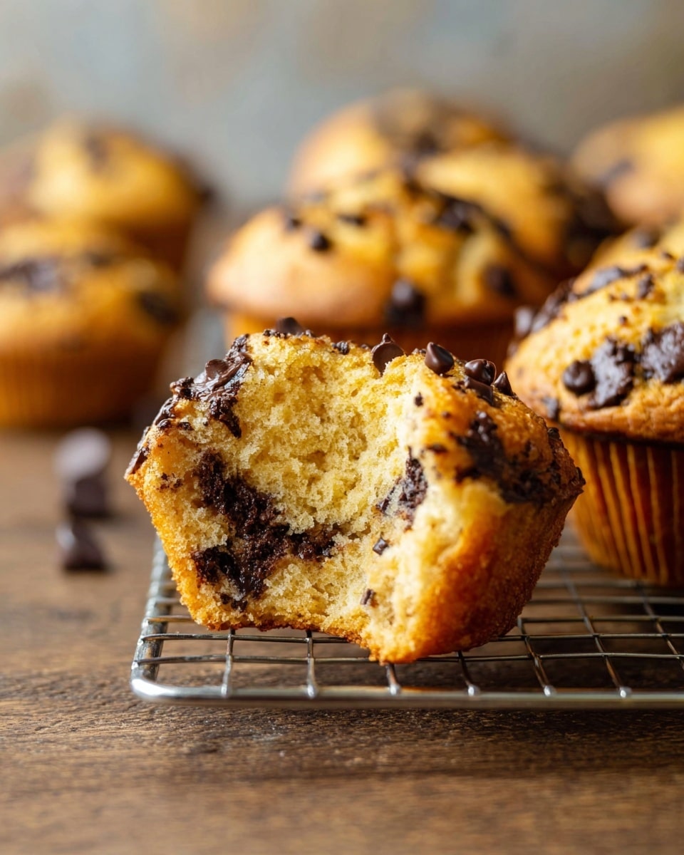 A close-up view of a broken muffin reveals its light golden interior filled with dark chocolate pieces. The muffin’s top layer is soft and dotted with melted chocolate chips, resting on a silver cooling rack above a wooden surface. Behind it, whole muffins with similar textures and colors create a blurred background. The overall look showcases a warm, fresh-baked feel with slight crumbly texture and small chocolate clusters on all muffins. Photo taken with an iphone --ar 4:5 --v 7