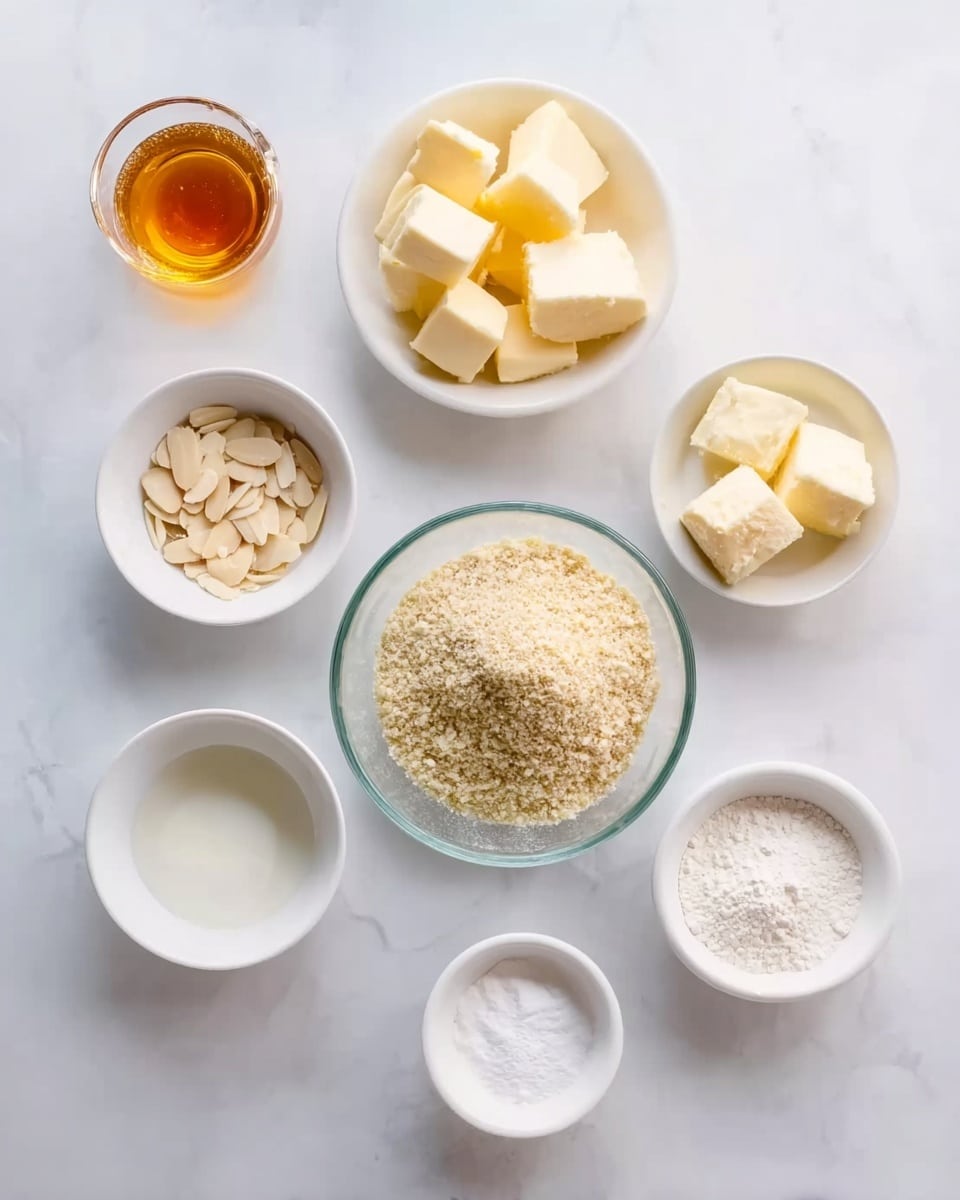 The image shows seven small white bowls placed on a white marbled surface. In the center is a glass bowl filled with finely ground almonds. Above it is a white bowl filled with small cubes of pale yellow butter. To the right of the almonds is a small white bowl with white powder, likely flour. Below that is a white bowl with clear egg whites. To the left of the almond bowl is a small white bowl of white powdered sugar, and above that is a tiny white bowl of sliced almonds. Finally, to the far left is a small clear glass with golden liquid, probably honey or syrup. The arrangement is neat and evenly spaced. photo taken with an iphone --ar 4:5 --v 7