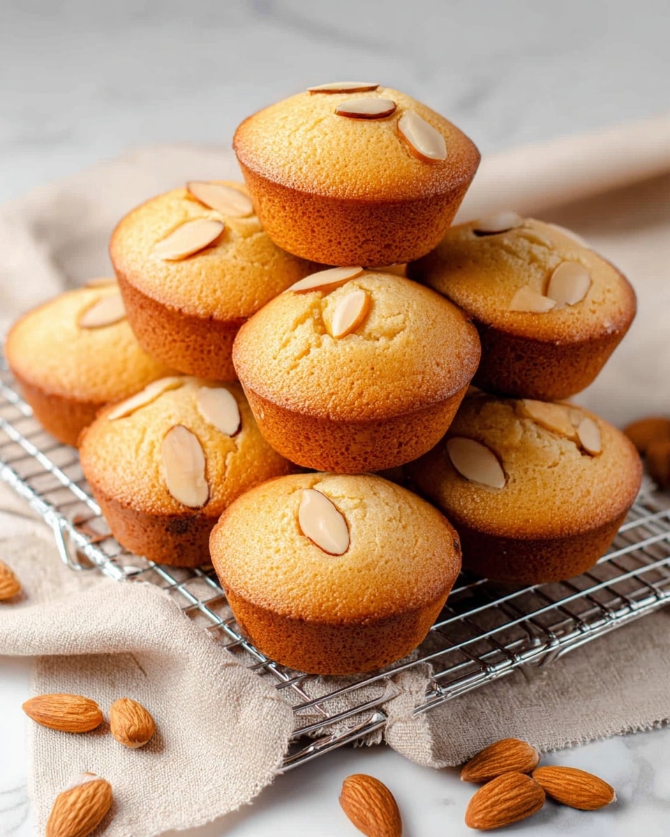 A pile of eight light golden almond muffins stacked in a small pyramid shape on a silver cooling rack, placed on a beige cloth. Each muffin has a soft, smooth top with uneven cracks and several thin almond slices scattered on them. Some whole almonds are spread around the rack and cloth, resting on a white marbled surface. The muffins have a slightly darker golden brown edge, showing a moist texture inside. photo taken with an iphone --ar 4:5 --v 7