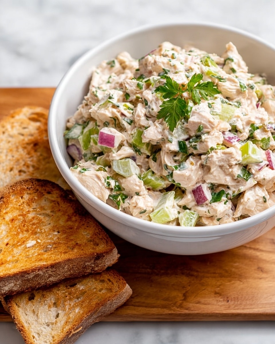 A white bowl filled with chicken salad sits on a wooden board with some toasted bread slices in front. The chicken salad has visible chunks of light beige chicken mixed with creamy white dressing, and it is dotted with small pieces of green celery, red onion, and fresh green herbs. The salad looks thick and textured with the ingredients well combined but still distinct. The scene is set on a white marbled surface. photo taken with an iphone --ar 4:5 --v 7