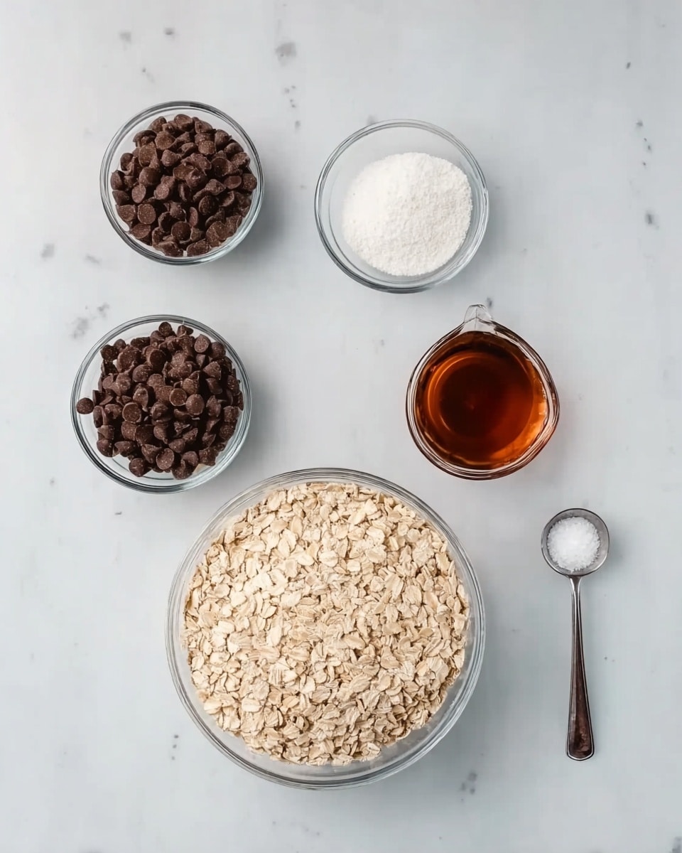 The image shows five clear glass bowls arranged on a white marbled surface. The largest bowl at the bottom holds light beige rolled oats with a coarse texture. Above it, there are four smaller bowls: the top left one is filled with dark brown chocolate chips, the top center one contains white granulated sugar, the top right has dark amber maple syrup in a small glass pitcher, and to the right of the oats, a small silver measuring spoon holds a little bit of white salt. The overall layout is clean and simple, with each ingredient clearly visible, photo taken with an iphone --ar 4:5 --v 7