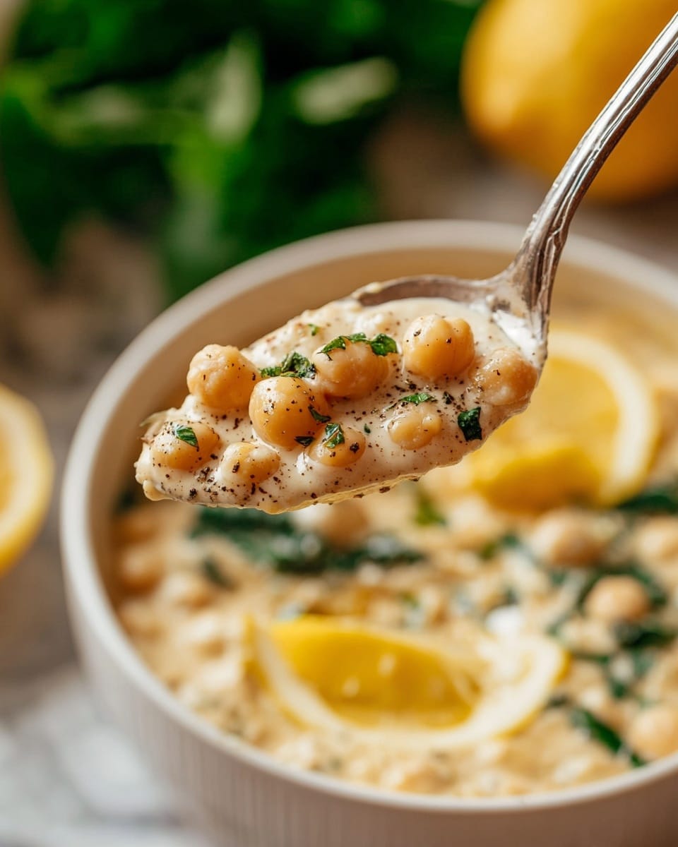 A close-up of a spoon holding creamy, light beige chickpeas with small green herbs and sprinkled black pepper, lifted above a white bowl filled with a thick, creamy chickpea mixture. In the bowl, there are other visible layers including round lemon slices with yellow peel and green leafy herbs, all sitting in the smooth, slightly textured creamy base. The background has a blurred appearance with green leaves, and the surface beneath the bowl is a white marbled texture. Photo taken with an iphone --ar 4:5 --v 7