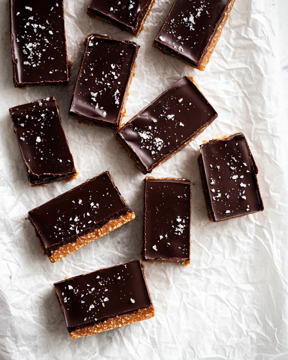 The image shows nine rectangular dessert bars arranged loosely on a sheet of crinkled white parchment paper over a white marbled surface. Each bar has two layers: the bottom layer is light brown with a crumbly texture, and the top layer is smooth, shiny, and dark brown chocolate. The chocolate layer has small white flakes scattered on top, adding a touch of contrast to the dark surface. The bars are neatly cut with clean edges, and some slight imperfections in the chocolate surface are visible. Photo taken with an iphone --ar 4:5 --v 7
