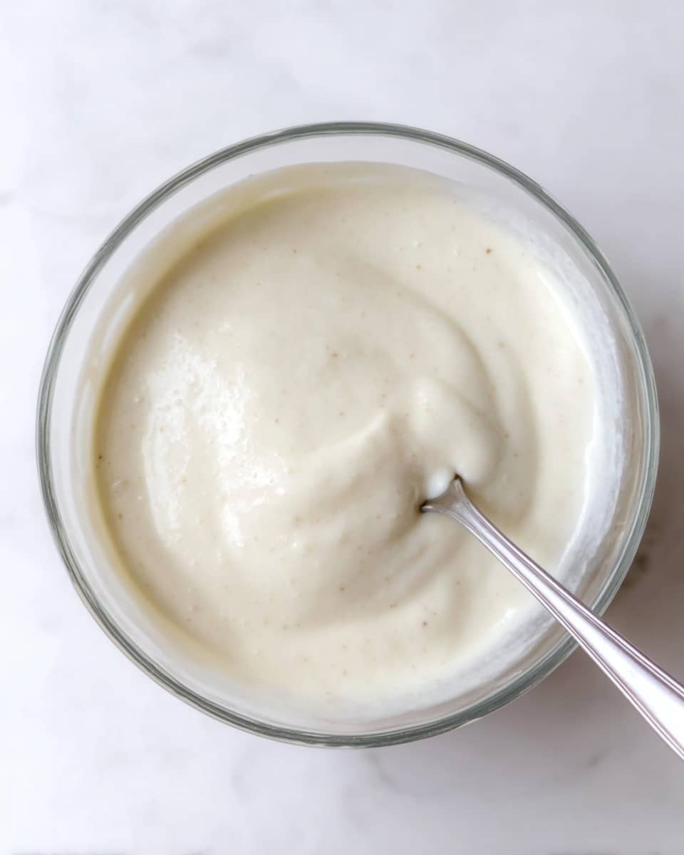 The image shows a clear bowl with a smooth, thick white mixture inside. The mixture looks creamy and uniform with a few tiny specks scattered throughout. A silver spoon is partially dipped into the mixture, resting slightly off-center on the right side. The bowl is placed on a white marbled surface that is clean and soft in tone. Photo taken with an iphone --ar 4:5 --v 7
