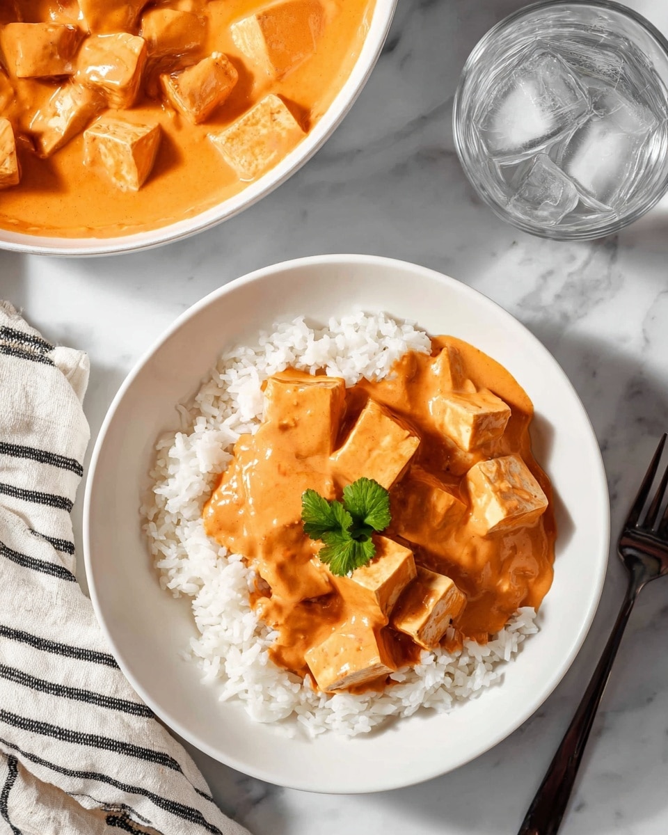 A white bowl filled with two layers: the bottom layer is a bed of white rice with a soft, fluffy texture, while the top layer features an orange creamy sauce with smooth texture, covering several medium-sized cubes of tofu. The tofu pieces are soft with sharp edges and are coated evenly by the sauce. A small green leafy garnish sits on the sauce's center, adding a fresh contrast. Nearby, there is a white bowl with the same orange sauce and tofu cubes, and a clear glass of water with ice. The whole scene is set on a white marbled textured surface, with a fork and a white cloth with black stripes partially visible. photo taken with an iphone --ar 4:5 --v 7