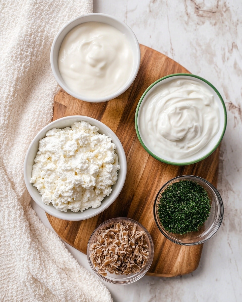 A white bowl filled with cottage cheese sits on a wooden board in the center. To the upper left, there is a white bowl with smooth creamy yogurt. Below it, a white bowl with green rim holds light brown textured dry flakes. On the bottom right, a small clear glass bowl contains finely chopped dark green herbs. All items are on a white marbled surface with a cream textured cloth on the left side. Photo taken with an iphone --ar 4:5 --v 7