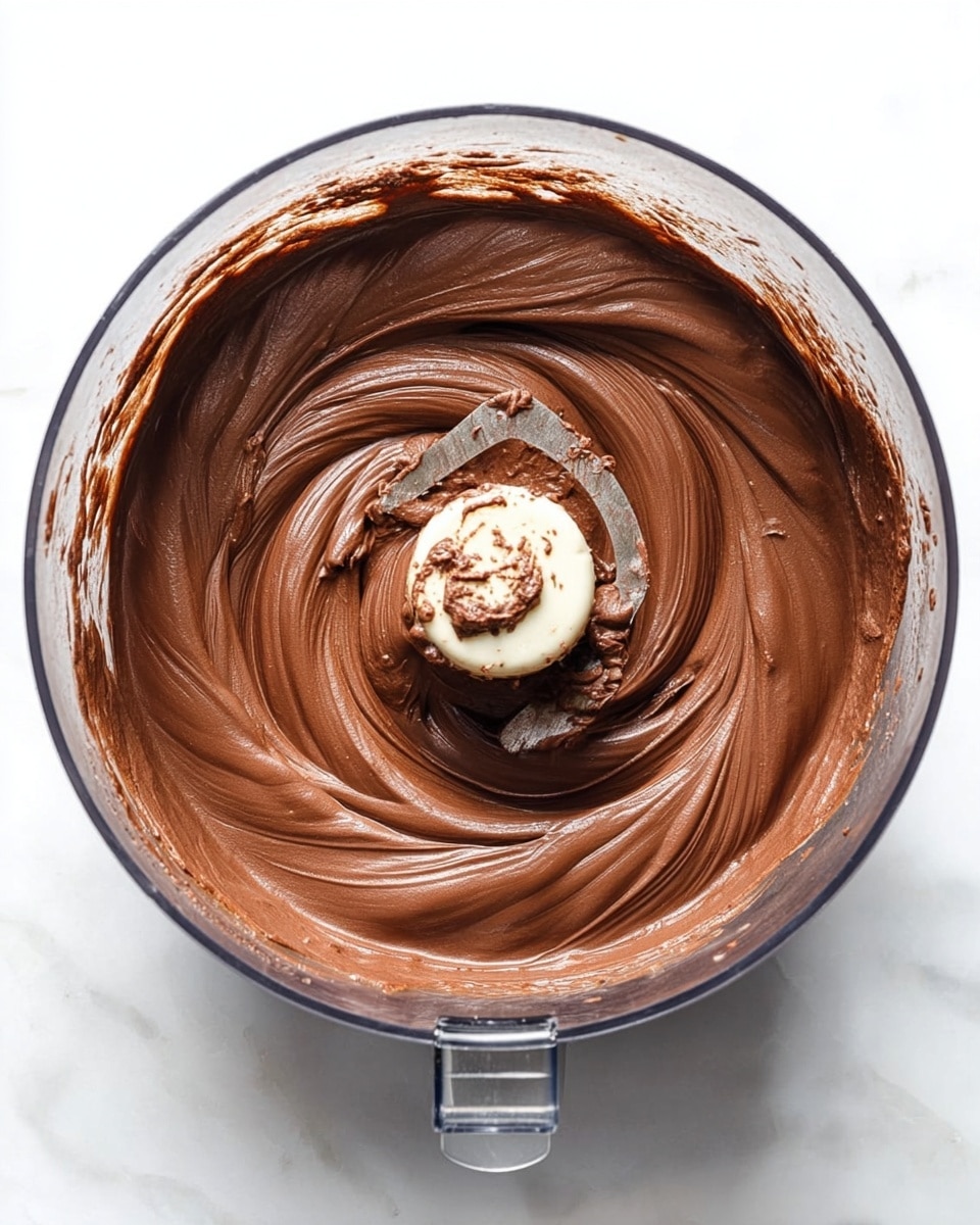 The image shows a top view of a single smooth layer of thick, creamy chocolate mixture swirling inside a clear food processor bowl. The chocolate filling is rich brown with a glossy, soft texture and is arranged in a spiral pattern around the central blender blade, which has some chocolate spread on it. The bowl is placed on a white marbled surface. photo taken with an iphone --ar 4:5 --v 7