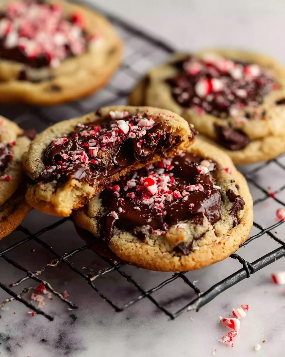 The image shows three cookies on a black wire rack over a white marbled surface. Each cookie has two layers: a golden-brown cookie base with dark chocolate chips mixed inside and a melted dark chocolate center on top, with crushed red and white candy pieces sprinkled over the chocolate. A woman's hand is holding one cookie slightly lifted above the rack, breaking it in half to reveal the soft inside. The cookies have a slightly rough texture with the candy pieces adding a crunchy look. Photo taken with an iphone --ar 4:5 --v 7