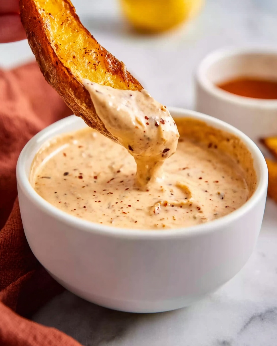 3-Minute Spicy Garlic Aioli (Chili Garlic Mayo Sauce) Recipe 5 A close-up image shows a white bowl filled with a creamy beige sauce that has specks of red and black spices in it. A golden-brown potato wedge is dipped halfway into the sauce, with the sauce thickly coating the wedge and some dripping back into the bowl. The bowl is placed on a white marbled surface, and a woman's hand is holding the potato wedge from the top. The background includes a white dipping bowl with a reddish sauce and a soft-focus yellow object in the distance. A rust-colored cloth napkin lies next to the bowl. Photo taken with an iphone --ar 4:5 --v 7