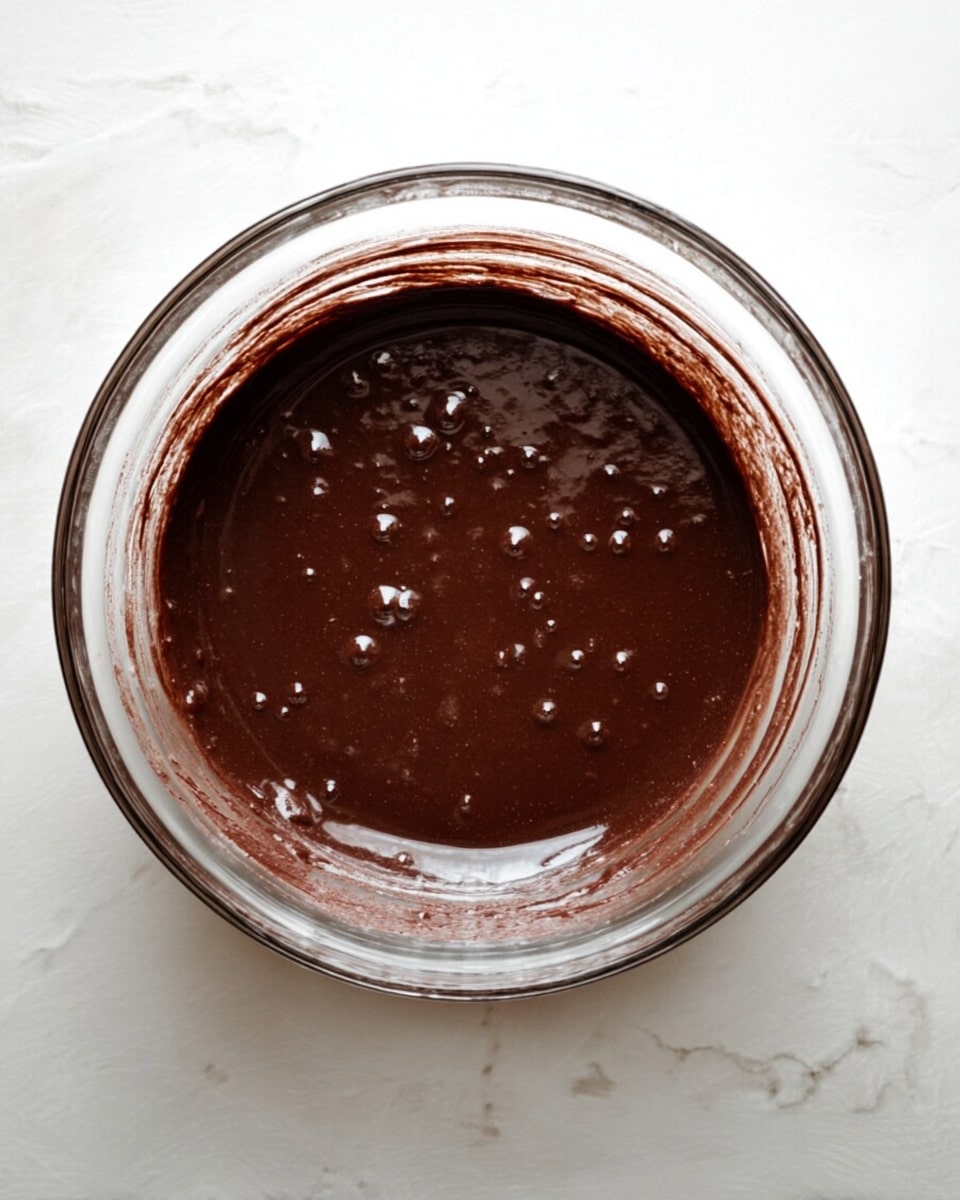 A transparent glass bowl filled with dark brown, thick chocolate batter with some small bubbles on the surface. The inside edge of the bowl shows streaks of the batter, suggesting it has just been mixed. The bowl is placed on a white marbled surface with a soft light above that creates subtle reflections on the glass. photo taken with an iphone --ar 4:5 --v 7