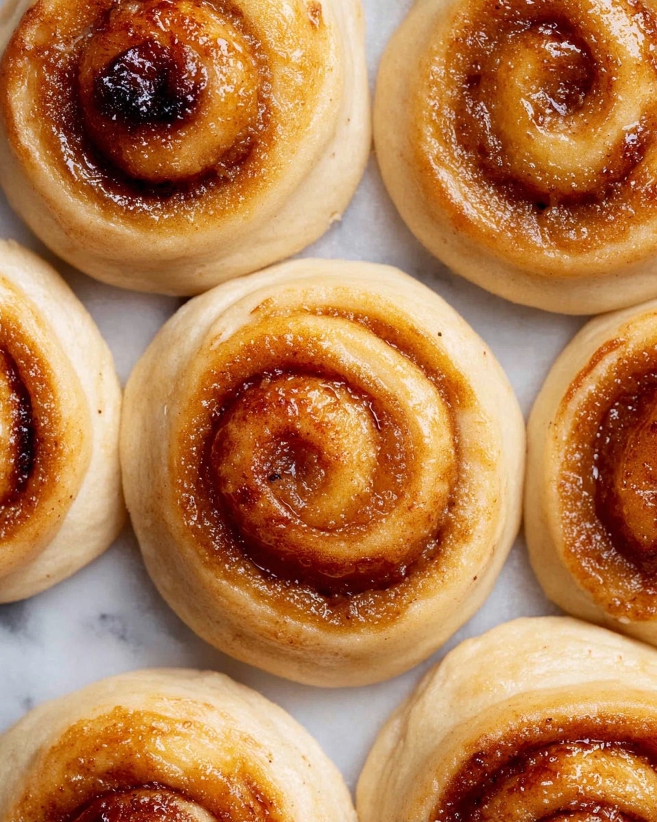 The image shows a close-up view of eight cinnamon rolls arranged closely together on a white marbled surface. Each roll has two clear layers: the bottom layer is a slightly thick, pale beige dough base, and the top layer is a glossy, golden brown swirl of cinnamon filling with a caramelized, slightly shiny texture. The rolls vary slightly in size and color, with some areas darker due to the cinnamon caramelization, giving a rich and warm appearance. The rolls are evenly spaced but touching, filling most of the frame. Photo taken with an iphone --ar 4:5 --v 7