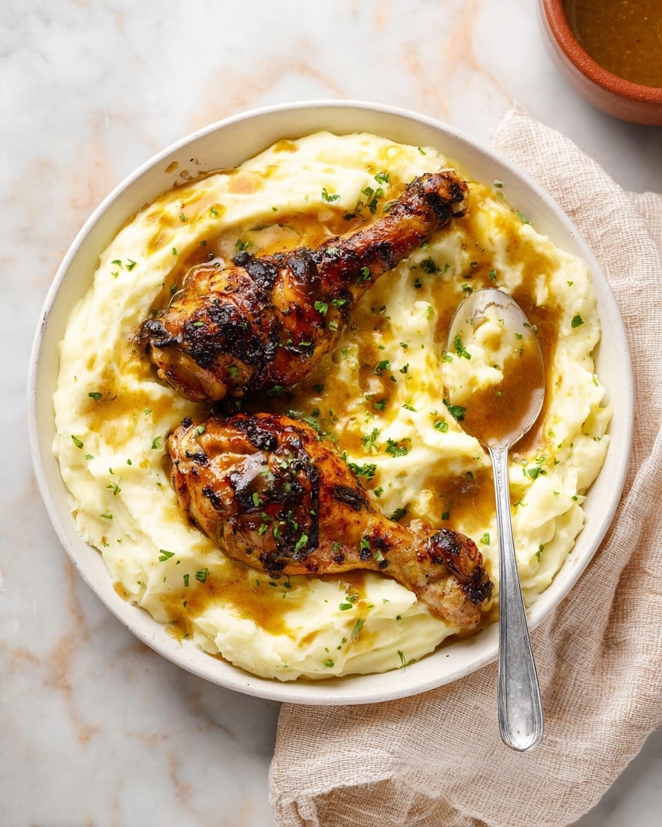 The image shows a white round plate filled with a thick layer of creamy mashed potatoes, light yellow in color with a smooth and slightly lumpy texture. On top of the mashed potatoes, there are two grilled chicken drumsticks, dark brown with crispy edges and a shiny glaze of sauce. Small green herb flakes are sprinkled over both the potatoes and chicken. A silver spoon is placed on the edge of the plate, touching the food. The plate is on a white marbled surface with a light beige cloth partially visible nearby. photo taken with an iphone --ar 4:5 --v 7