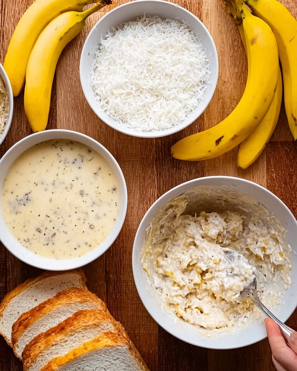 The image shows four white bowls and a stack of sliced bread on a wooden surface, with several yellow bananas around them. One bowl is filled with white shredded coconut that looks light and fluffy. Another bowl holds a creamy batter with specks of black, where a woman's hand is holding a fork mixing it. A third bowl contains a chunky mixture of shredded banana and cream, cream-colored with small banana bits visible. The stack of white bread slices is positioned in the lower left corner. The overall scene captures ingredients likely for a sweet dish. Photo taken with an iphone --ar 4:5 --v 7