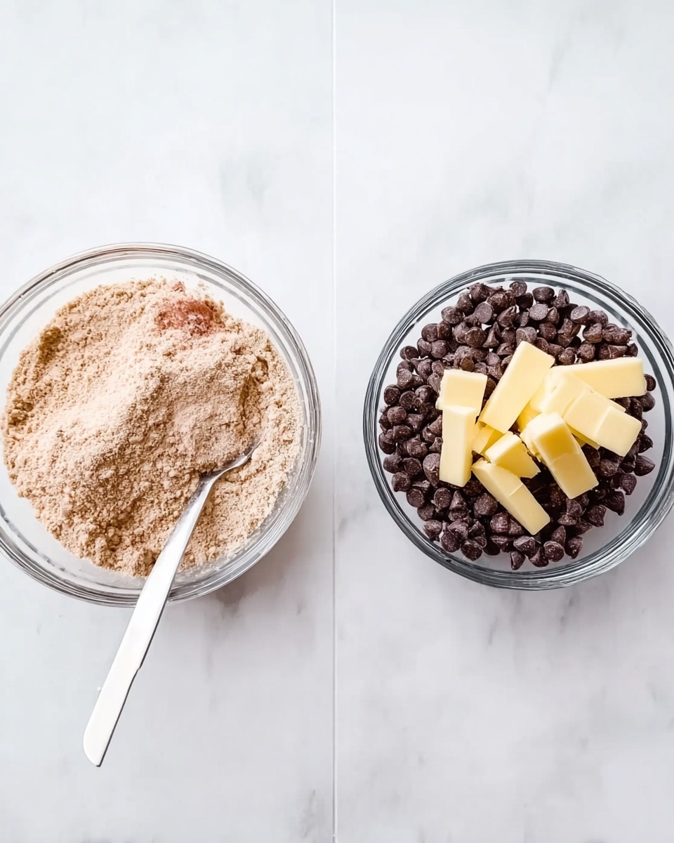 The image shows two clear glass bowls on a white marbled surface. The left bowl contains a dry mix with a light brown color and powdery texture, with a white fork placed next to it on the surface. The right bowl has dark brown chocolate chips and several small pale yellow butter pieces on top. The bowls are side by side, evenly spaced and well lit. photo taken with an iphone --ar 4:5 --v 7
