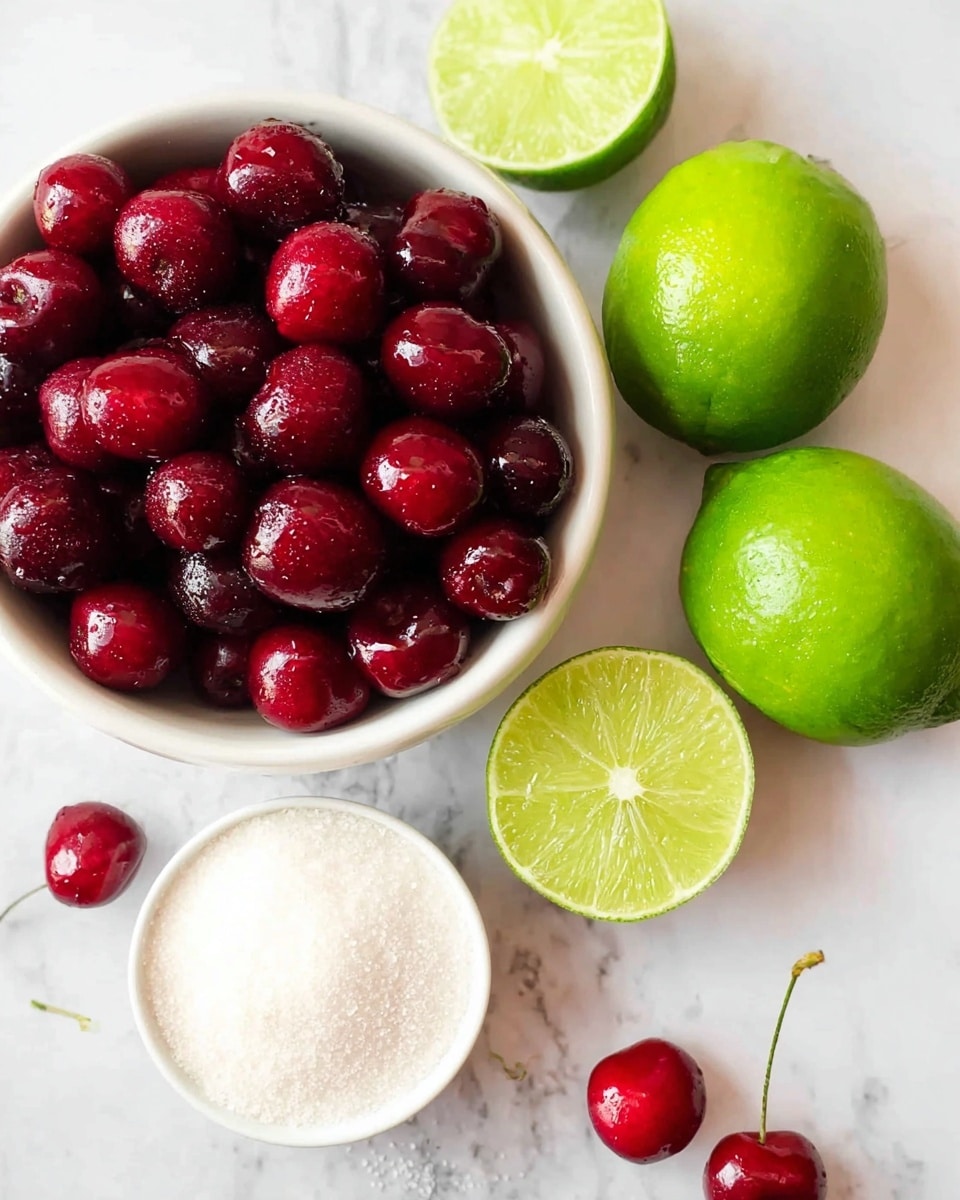A white bowl filled with shiny dark red cherries sits at the center on a white marbled surface. Around the bowl, there are three whole green limes and one lime cut in half showing a juicy, pale green inside. To the left of the bowl, there is a small white bowl filled with granulated white sugar. A few loose cherries with glossy red skin are scattered near the bottom right of the image. The colors are bright and fresh, and the scene is lit softly from above. photo taken with an iphone --ar 4:5 --v 7