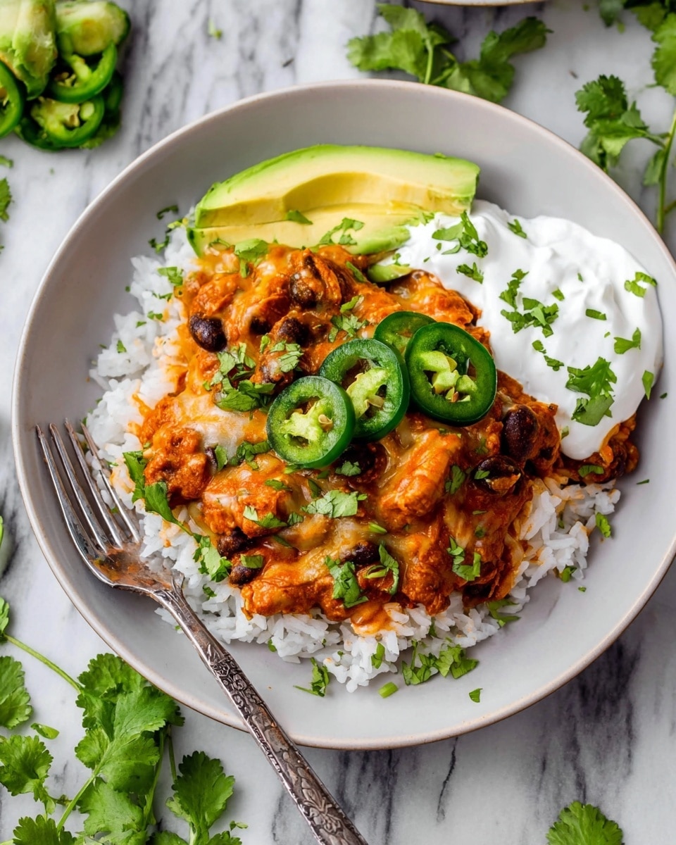 A white plate holds a bed of white rice as the bottom layer, topped with a saucy orange chicken mixture mixed with black beans and melted cheese. On top of this, three green jalapeno slices and chopped fresh cilantro are scattered. A dollop of white sour cream sits on one side, next to a slice of green avocado. A silver fork rests on the left edge of the plate, which is placed on a white marbled surface with some cilantro leaves nearby. Photo taken with an iphone --ar 4:5 --v 7