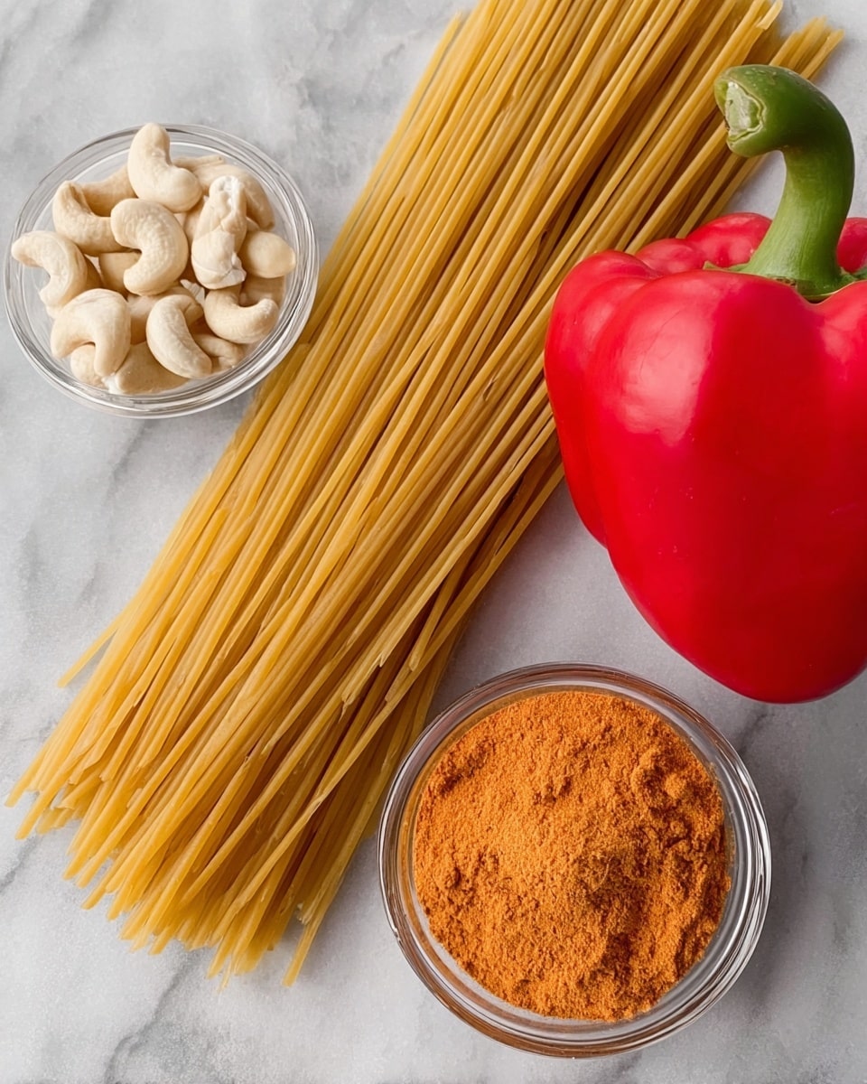 The image shows uncooked long yellow pasta laid flat on a white marbled surface. To the left of the pasta is a small clear glass bowl filled with white cashew nuts, and below the pasta is another small clear glass bowl holding bright orange ground spice. On the right side of the pasta, there is a whole bright red bell pepper with a green stem. The textures include the smooth, shiny pasta, the rough, dry spice powder, the firm red pepper skin, and the curved cashews. Photo taken with an iphone --ar 4:5 --v 7