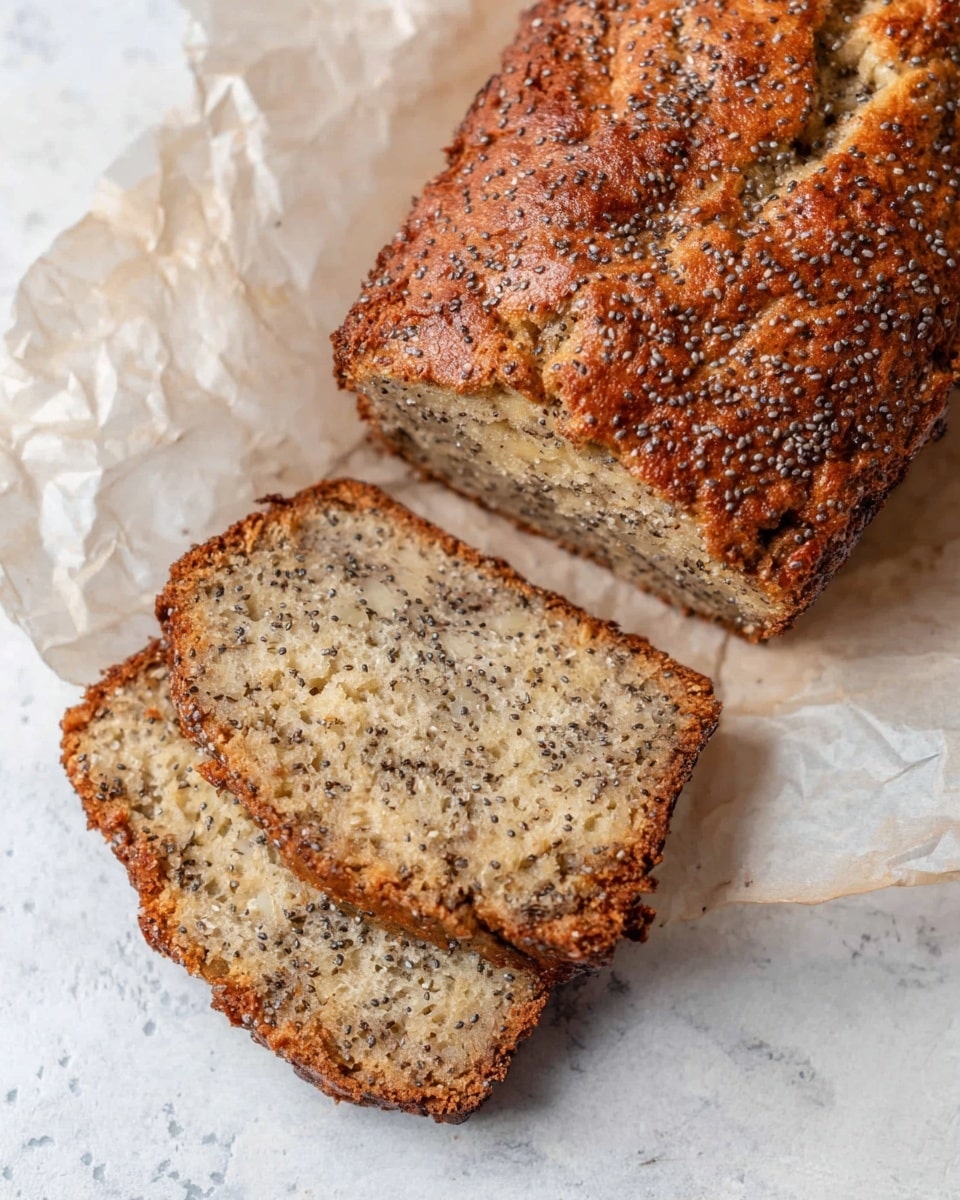 A loaf of banana bread is shown on crumpled parchment paper on a white marbled surface. The top of the whole loaf has a golden brown crust sprinkled with chia seeds, adding texture and small dark spots. Two slices lie in front of the loaf, showing a moist interior dotted with small brown and black specks from the banana and chia seeds. The edges of the slices are a darker brown, with a slightly crumbly texture. The overall look is warm and homemade, with a soft inside and a crisp top layer. photo taken with an iphone --ar 4:5 --v 7
