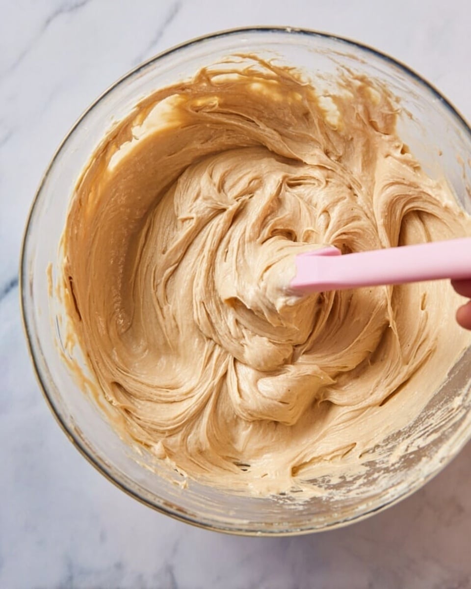 A close-up view of a clear glass bowl filled with smooth, creamy light tan mixture with swirled texture, being stirred by a pink spatula held by a woman's hand on the right side. The thick batter fills most of the bowl, showing soft peaks and gentle folds, sitting on a white marbled surface. photo taken with an iphone --ar 4:5 --v 7