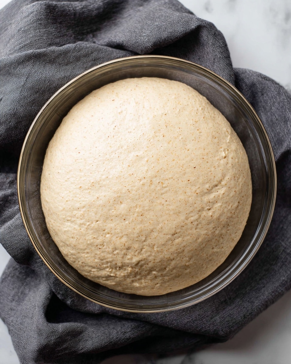 The image shows a single large layer of dough in a clear glass bowl. The dough is light beige with small darker specks spread evenly and has a smooth, slightly puffy texture covering the entire bowl. The bowl sits on a dark gray cloth that is laid over a white marbled surface. Photo taken with an iphone --ar 4:5 --v 7