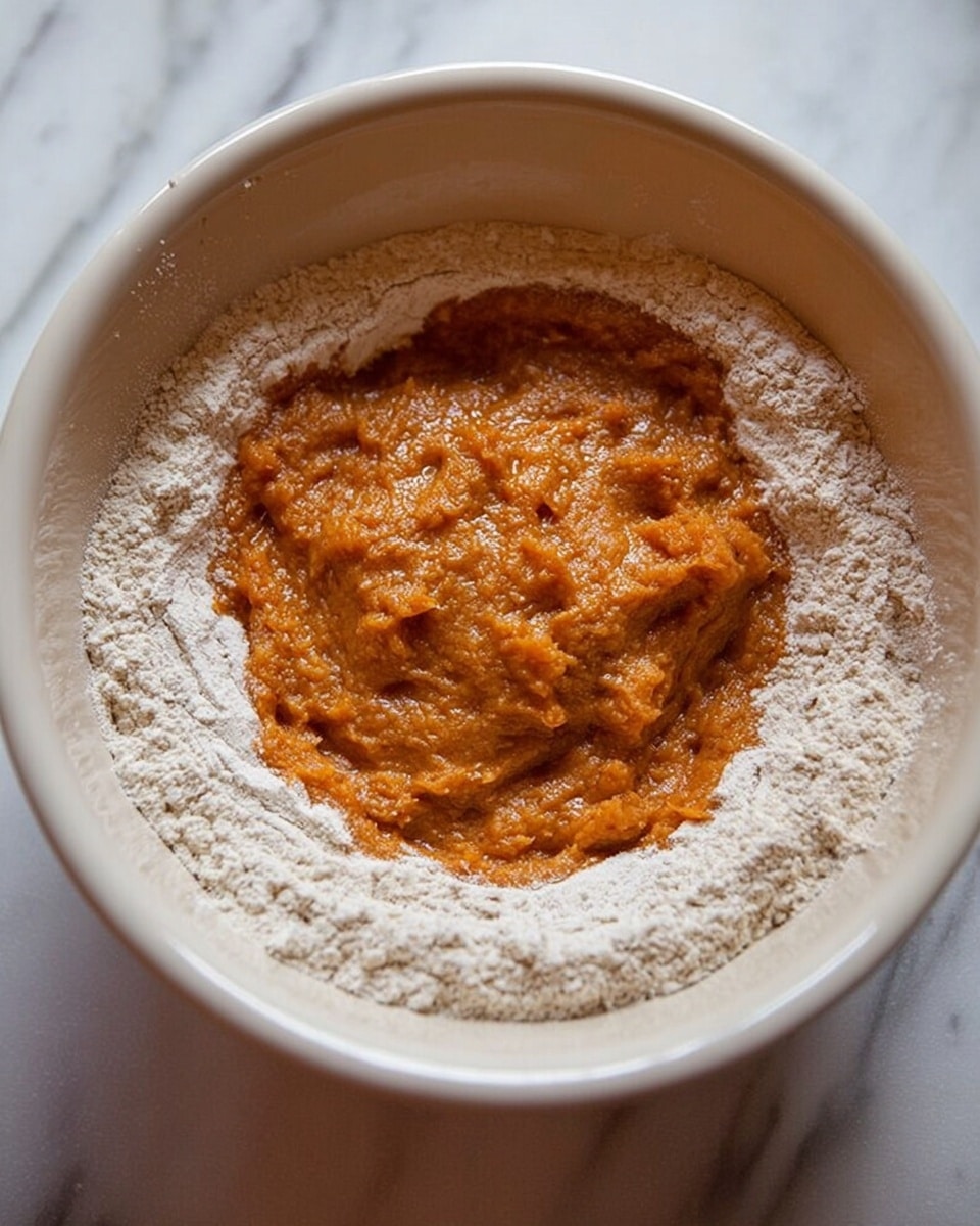 A white bowl shows a thick orange paste in the center, surrounded by a ring of light beige flour around the edges. The orange paste looks moist and chunky, while the flour appears dry and powdery. The bowl is placed on a white marbled surface, giving a clean and simple background. Photo taken with an iphone --ar 4:5 --v 7