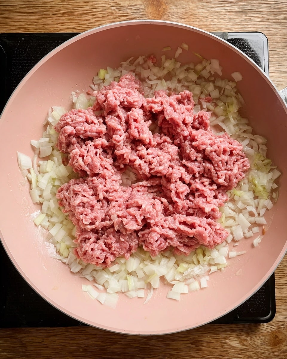 A large light pink pan sits on a black stove with a wooden surface below. Inside the pan, there is a layer of finely chopped white onions spread evenly around the edges. In the center, there are several clusters of raw ground meat with a bright pink color, loosely piled and not mixed with the onions. The meat strands have a soft, textured appearance, and the onions have a glossy, slightly translucent look. Photo taken with an iphone --ar 4:5 --v 7