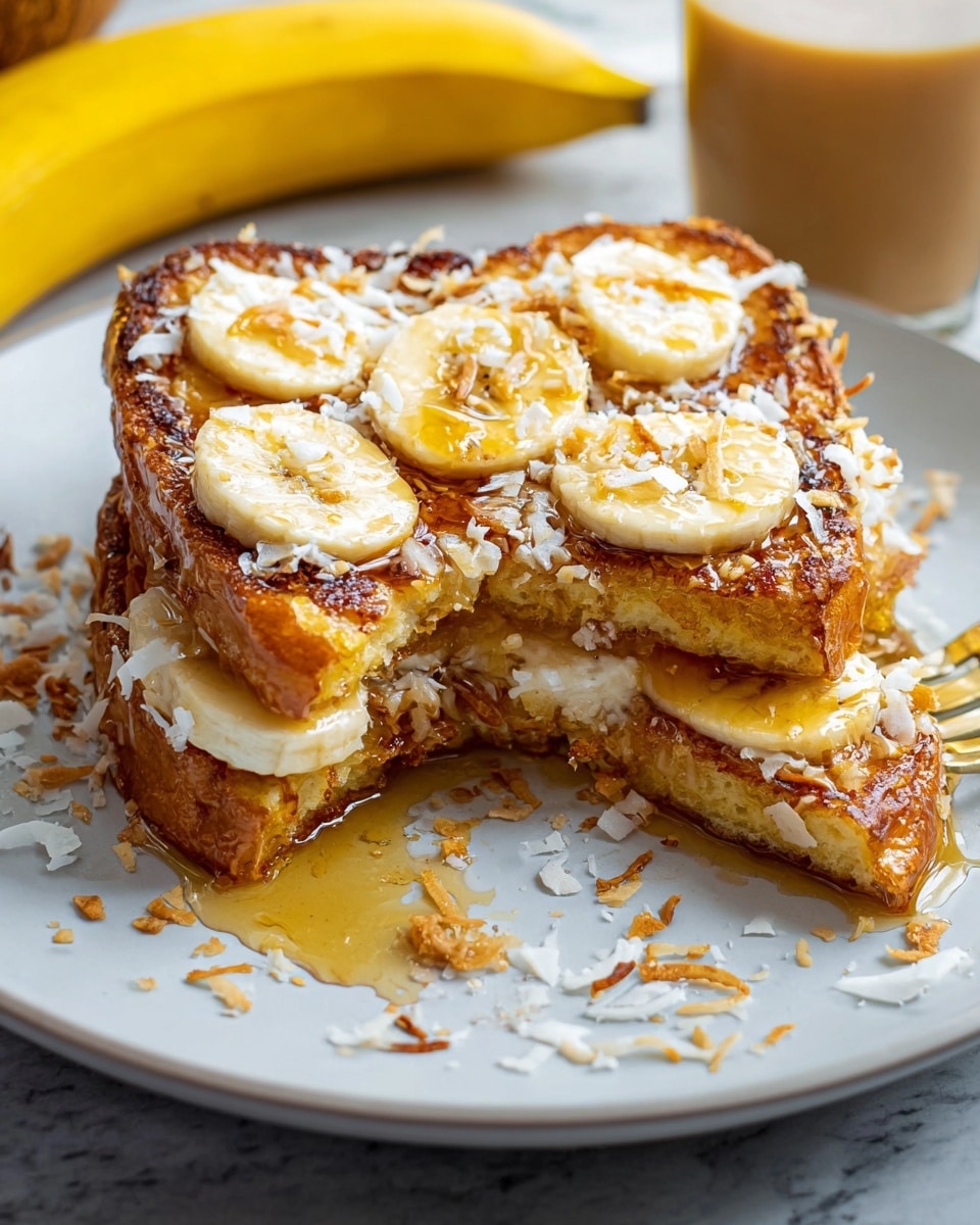 The image shows a thick piece of golden brown French toast on a white plate with a white marbled texture surface underneath. The toast has a slightly crispy texture on top and is layered with a soft cream or filling inside. On top of the toast are several round slices of banana with a pale yellow color, and toasted coconut flakes scattered over everything creating a textured look. A drizzle of shiny syrup covers the toast and some syrup has spilled onto the plate. A small piece of the toast has been removed, showing the soft inside. In the background, a yellow banana and a glass of light brown liquid are visible. Photo taken with an iphone --ar 4:5 --v 7
